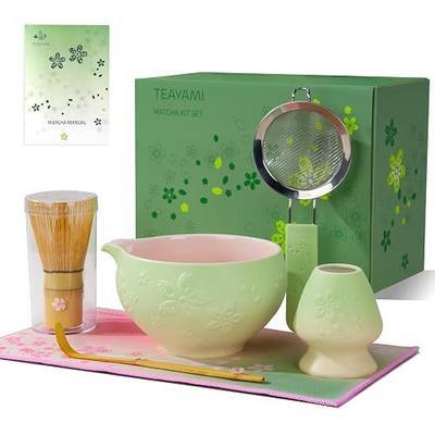 Matcha Whisk Set, 6pcs Matcha Set Includes Matcha Bowl, Bamboo Whisk & Scoop with Cute Charm, Chasen Holder, Innovative Sifter, Tea Mat for Japanese Tea Ceremony, Pale Green