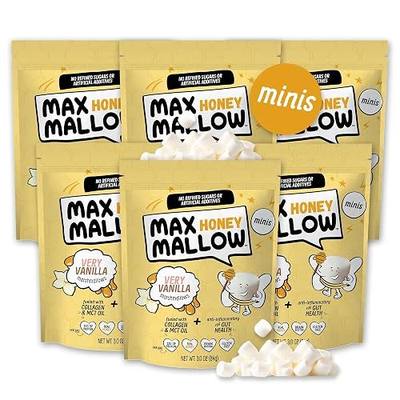 Max Mallow Honey Mini Marshmallows, Gluten Free, Very Vanilla, 6 Pack | Honey mini marshmallows with real wildflower honey and collagen, gluten free for snacking, baking, hot chocolate and s'mores