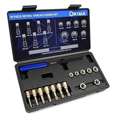 15-Piece Metric Thread Chaser Set,Master Thread Repair Kit with 7 Taps 7 Dies & Thread File,M6, M8, M10, M12,Automotive Rethreading Tool with Case