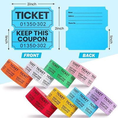 8000 Pairs Raffle Tickets, 50/50 Double Raffle Tickets Rolls, 8 Colors 1000 Tickets per Roll for Events, Concert, Carnival, Drawings, Fundraisers, Drink Tickets