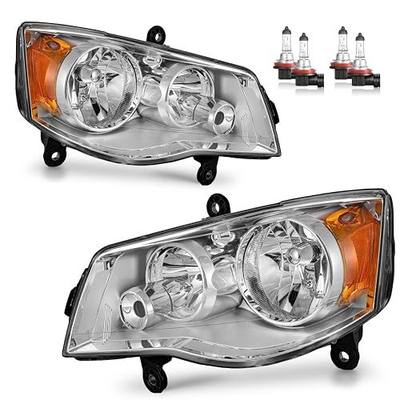 Headlights W/Bulbs with 2011-2020 Dodge Grand Caravan | Headlights Assembly for 2008-2016 Chrysler Town Country with High/Low Beam Bulbs, Amber Reflector, Driver & Passenger Side