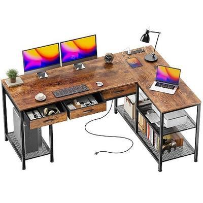 PRAISUN 55 Inch L Shaped Office Desk with Power Outlets and Type-C Port, Large Computer Gaming Desk with 3 Fabric Drawers, Mesh Shelves, Corner Study Work Writing Desk, Rustic Brown