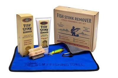 Fishermen - 4 piece Hand Cleanser Gift Set - Includes Microfiber Fishing Towel, Natural Hand Scrub & Scrubber, Fishing Lure - Fishing Gift for Dad, Husband, Boyfriend, Teen