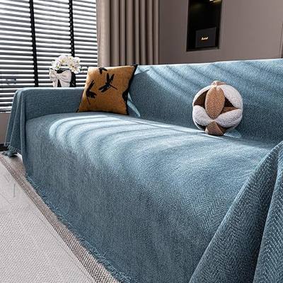 Non Slip Couch Cover for Dogs Washable,Stone Blue 71"x102" | Premium Chenille, Boho Tassel Design, 2 Cushion Couch, Pet Scratch Furniture Protector for Leather & Fabric Couches