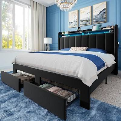 Allewie Queen Bed Frame with 2-Tier Storage Headboard & 2 Large Drawers | Velvet Upholstered Queen Platform Bed Frame with LED Lights, Built-in Charging Station, Noise-Free/No Box Spring Needed,Black