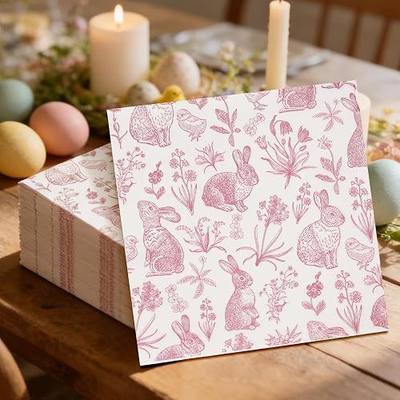 Whaline Easter Paper Napkins Chinoiserie Bunny Floral Luncheon Napkins Retro Pink White Rabbit Flower Disposable Dessert Dinner Napkin for Spring Wedding Birthday Party Table Supplies, 50 Pcs
