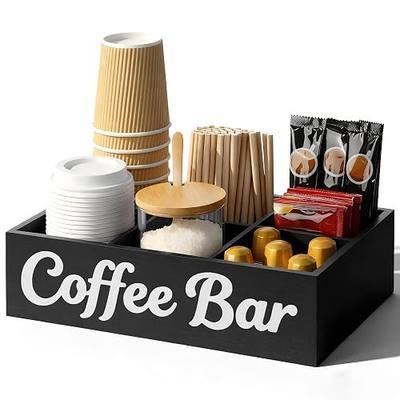 Wood Coffee Station Organizer for Countertop with Removable Dividers | 6 Compartment Coffee Bar Accessories Storage Organizer Holder For Cups Lids Pods Syrups Tea Bags, Farmhouse Bar Decor