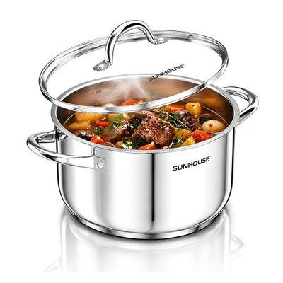 Sunhouse Stock Pot with Lid - 7 QT Large Pot for Cooking Pasta, Soup, Ollas | Impact-bonded Base Big Stainless Steel Pots for Canning, Boiling, Spaghetti - Oven Safe & Induction Compatible