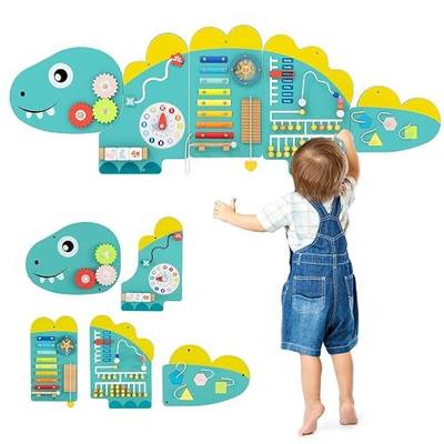 HONEY JOY Dinosaur Activity Wall Busy Board Panels, 11-in-1 Wooden Sensory Wall Panel for Kids, Toddler Learning Activity Center, Ideal for Playroom Daycare Nursery Classroom Dentist Office (Green)