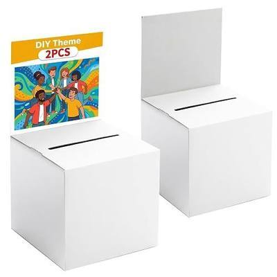 2 Pack Raffle Box Ballot Box with Slot, 6 x 6 x 6 Inch White Cardboard Suggestion Box with Removable Header, for Collecting Business Card Voting Contest Fundraising Donation and Suggestion