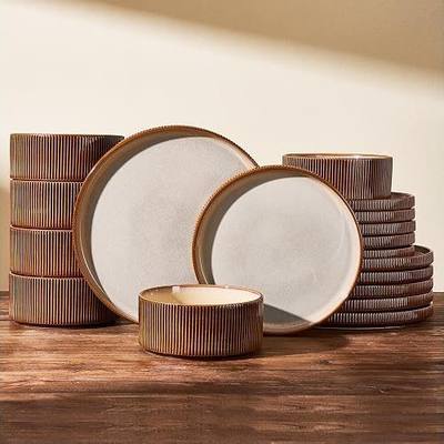 Ceramic Plates & Bowls Sets for 6, Handmade Reactive Glaze | Cream Brown, 18-Piece Stoneware Dinnerware, Everyday Use, Microwave & Dishwasher Safe, Chip & Scratch Resistant Ribbed Dishes
