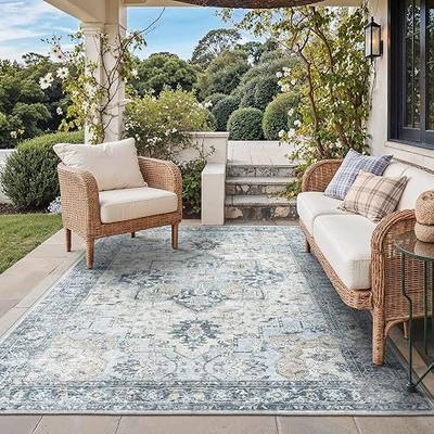 GENIMO 5x8 Outdoor Rug, Washable for Patio and Deck, Blue | Vintage boho medallion design for porch; fade resistant chenille with quick-dry non-slip backing for indoor sunroom.