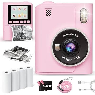 Instant Print Camera for Kids, 1080P Instant Digital Print Cameras for Toddler, Portable Toy for 4 5 6 7 8 9 10 Year Old Girl, Christmas Birthday Gifts for Girls Boys with SD Card Pink