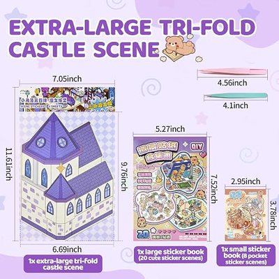 29 Sets DIY 3D Sticker Scene Book for Adults (1 Extra-Large Tri-Fold Castle Scene)- Sticker Therapy, Miniature House, Isometric Cozy Room for Stress Relief Relaxation (29 Sets Scene)