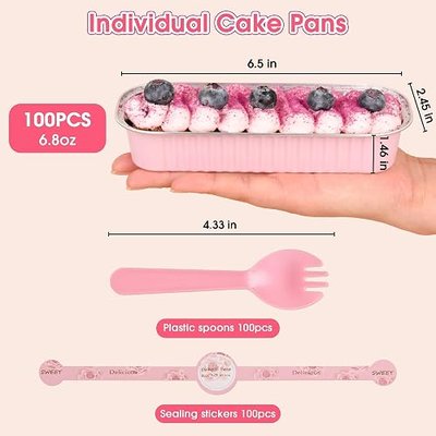 100 Pack Mini Cake Pans with Lids and Spoons, Disposable Aluminum Foil Cake Tins(6.8oz) Individual Small Cake Baking Containers for Party, Wedding, Birthday