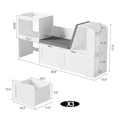 66.9" Kids Reading Nook, Toy Storage Organizer with Stuffed Animal Storage, Bench and Removable Cushions, Wooden Toddler Bookshelf with 3 Movable Drawers for Nursery, Playroom (White)