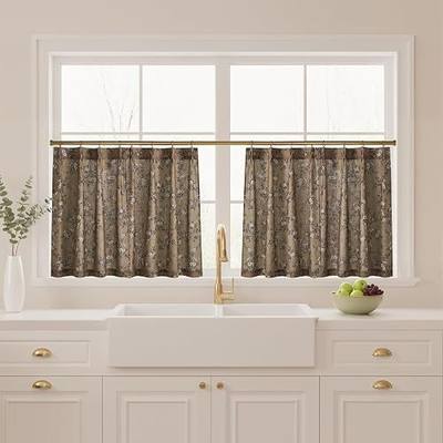 StangH Pinch Pleat Cafe Curtains for Kitchen W26 x L36, 2 Panels | Vintage Brown Floral Print, Natural Linen Texture, Short Curtains Light Filtering Privacy for Camper/Cabinet/Bedroom, Khaki