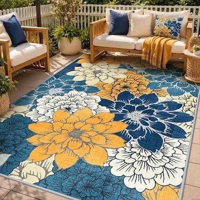 GENIMO 5x8 Outdoor Rug, Washable for Patio and Deck, Blue | Floral design for porch; fade resistant chenille with quick-dry non-slip backing for indoor sunroom