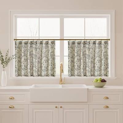 Pinch Pleat Linen Tier Curtains, W26 x L36, 2 Panels | Natural Linen Kitchen Drapes, Cottagecore Vintage Floral Print, Light Filtering Privacy for Small Window/Camper, Porcelain