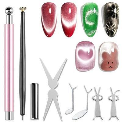 Fcozpjk Cat Eye Magnet for Nails, 8PCS Magnet Tool Set Pink Double-Head Nail Magnetic Pen for Glassy Cateye Gel Polish Heart Rabbit Flowers French Tips Stick Home Manicure DIY Nail Tech Must Have