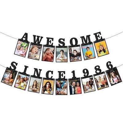 Pre-strung Awesome Since 1986 Photo Banner Birthday Decorations | Black Glitter 40th Birthday and Anniversary Decorations Party Supplies for Women Men
