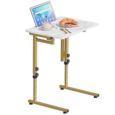 Folding tv Tray Dinner Snack Table,6 Height Adjustable Slide Under Couch Side Table, Portable Small Foldable C-Shaped End Table for Eating with Sturdy MDF Top,No Assembly(White Marble+Gold)