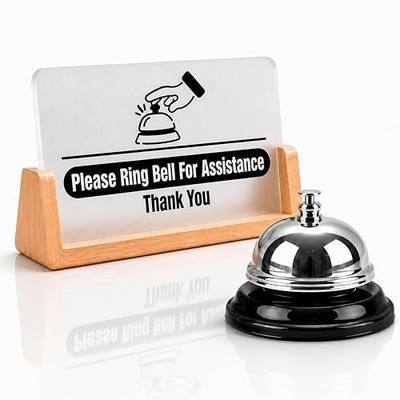 Desk Service Bell Kit with Please Ring Bell for Assistance Sign and Stand | Countertop service bell with sturdy beech wood stand and clear assistance sign for unattended front desks and counters.