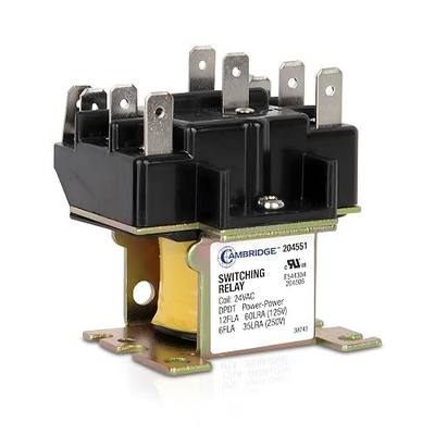 Cambridge DPDT Power-Power 24V Coil Relay, 12FLA 60LRA 125V / 6FLA 35LRA 250V, Double-Pole Double-Throw, Plastic-Enclosed, Mounts Any Position – for HVAC, Fans, Appliances & Vending