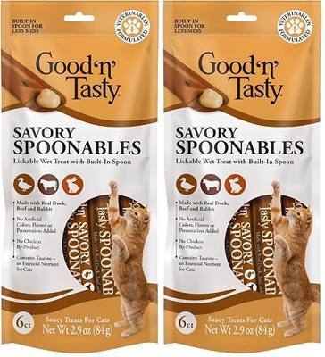 Good ‘n’ Tasty Savory Spoonables with Real Duck, Beef & Rabbit, 6 Count Tube, Triple Flavor Squeezable Lickable Wet Treats for Cats with Built-in Spoon for Less Mess (Pack of 2)