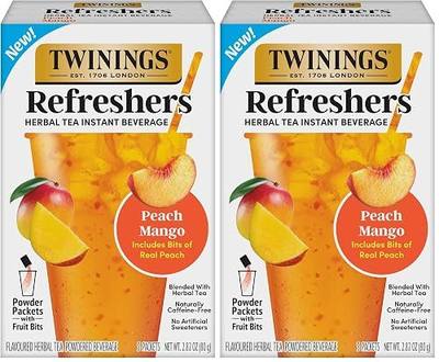 NEW Twinings Peach Mango Refreshers, Herbal Tea Instant Beverage with Real Peach Fruit Bits, 5 Count (Pack of 2), Café Style, No Artificial Sweeteners, Naturally Caffeine-Free Refreshment, 5 Packets