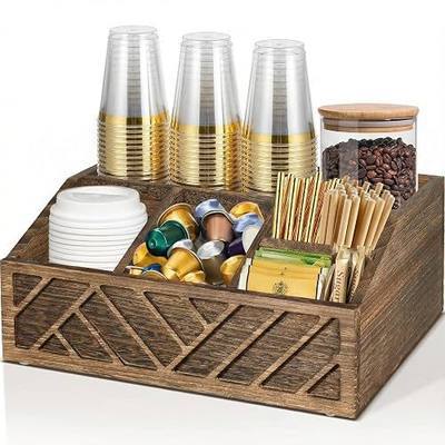 ugiftt Coffee Station Organizer for Counter, Wood Pods Holder Storage Basket, Tea Condiment Storage Organizer, Rustic Coffee Bar Decor for Accessories Organizer