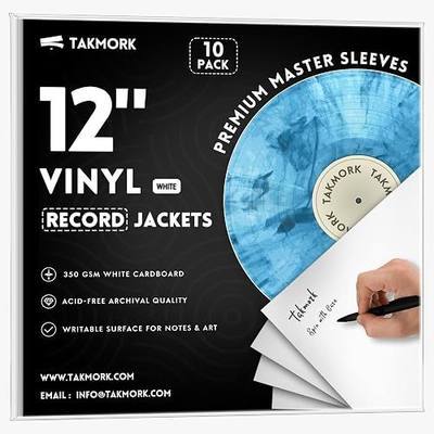 TAKMORK 12-Inch Blank LP Vinyl Record Jackets, 350gsm Heavyweight Cardstock Album Covers with 4mm Spine, No Center Hole, for DIY & Storage, White, 10pcs