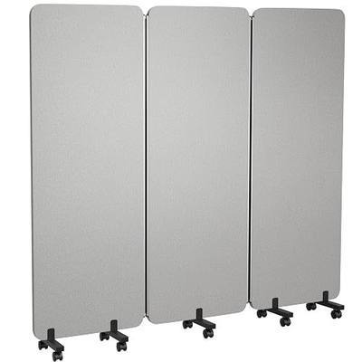 3 Panel Foldable Office Partitions, Mobile Cubicle Wall with Wheels | 71 x 66 Inch Noise Cancelling & Sound Proof Room Dividers Partition Wall, Aluminum Frame Gray