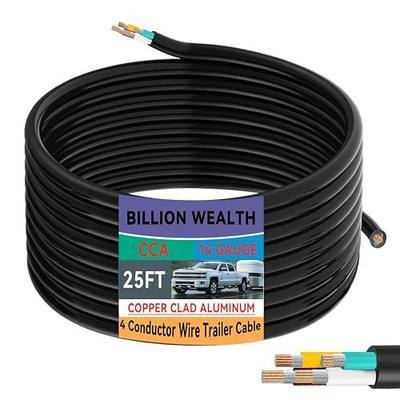 25 FT 14 Gauge 4 Conductor Trailer Wire CCA 4 Way Trailer Light Wire Round Color Coded Insulated Stranded Copper Clad Aluminum 4 Conductor Cable for RV Marine, LED Light, Outdoor