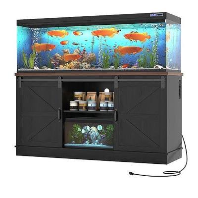 Hlivelood Farmhouse 75-120 Gallon Fish Tank Stand with Power Outlet, Aquarium Stand w/Cabinet&Sliding Barn Door, Heavy Duty Reptile Tank Stand for Fish/Turtle/Reptile Terrarium, 1000LB Capacity, Black