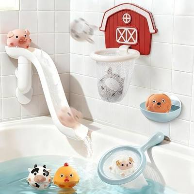 No-Hole Farm Animal Bath Toys for Kids Ages 1-3, Water Slide Toys | Bath Basketball Hoop, Fishing Net, Storage Bag, Toddlers Sealed Bathtub Toys, Shower Pool Play Set, Boys Girls Gifts