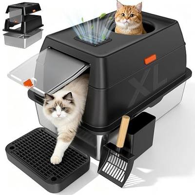 Extra Large Stainless Steel Litter Box with Lid, High Sided Enclosed Metal Cat Litter Pan, Dog Proof Front Entry Top Exit, Odor Control Easy Clean Leak Proof, Includes Scoop & Step, Black
