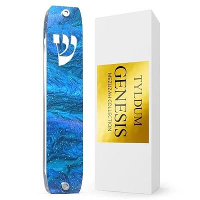 Genesis Mezuzah for Door – Modern Acrylic Mezuzah Case Without Kosher Scroll – Handmade in Canada Judaica Gift, Weatherproof, Jewish Artisan Design, Clear Case (Classic, Blue Sea)