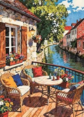 Riverside Terrace 1000 Piece Jigsaw Puzzle for Adults | French Pastoral Watercolor Scene with Poster,Storage bag,Lettered Back,Wall Decor,27.5" x 19.6"