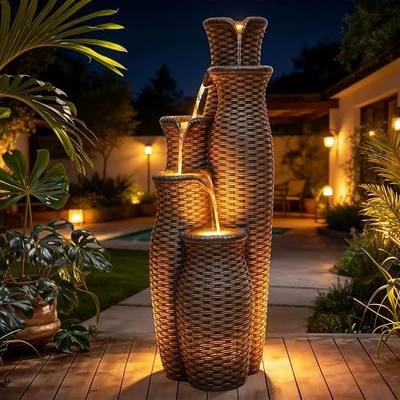 Autodaya 5-Tier Faux Rattan Vase Water Fountain Outdoor with LED Lights | Polyresin Cascading Waterfall Feature, Unique Natural Water Feature, Tranquil Oasis for Garden, Patio Yard Porch Decor, 33"H