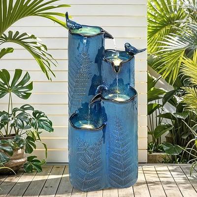 Autodaya 32" H 4-Tier Vase Ceramic Outdoor Water Fountain with LED Lights | Cascading Waterfall with Turquoise Glaze, Fern Pattern-Texture, Upgraded Pump, Bird Water Feature for Garden Patio Yard Porch