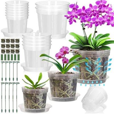 12 Pack Plastic Orchid Pots with Holes 4, 5, 6 Inch | Clear Orchid Pots for Repotting with Saucers Drainage and Plant Stakes, Large Small Breathable Orchids Planter Plant Pot