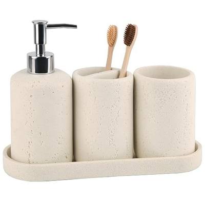 Bathroom Accessories Set,4 Piece Travertine Stone Look Bathroom Accessory Set with Soap Dispenser,Toothbrush Holder,Vanity Tray,Tumbler,Bathroom Organizer for Modern Bathrooms(Light Cream)
