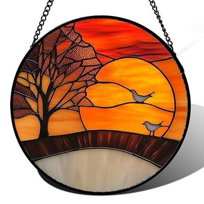 Stained Glass Window Hanging Orange Sunset Landscape Large 15" - Maple Suncatcher Door Garden Sun Catcher Home Decor Birthday Christmas for Mom Men Woman Wife Friend