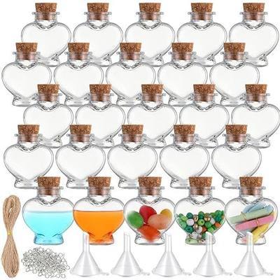 Bokon 25 Pack 1 oz Mini Plastic Bottles with Cork, Small Potion Bottles Tiny Clear Sand Art Jar Wishing Vial Bulk for Birthday Halloween Valentines Party DIY Crafts Gift (Heart)