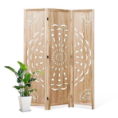 66.9Inch Wooden Room Partition - 3 Panels Boho-Styled Space Room Divider for Home/Office, Headboard & Yoga/Photo/Video Call Backdrop (Natural)