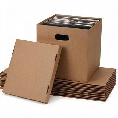 Vinyl Record Storage Boxes Set of 7, Brown Square Corrugated Moving Boxes Reinforced Handles with Removable Lid for Storage, Packaging, Moving, Carrying, 13.4x13x13 inch