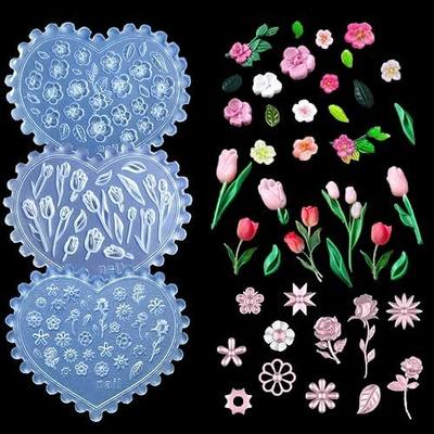Silicone Nail Art Molds, 3PCS 3D Flowers Nail Charm Molds Clear Modeling Templates Spring Wildflower Tulip Peach Blossom Design Mould for Resin Epoxy Professional