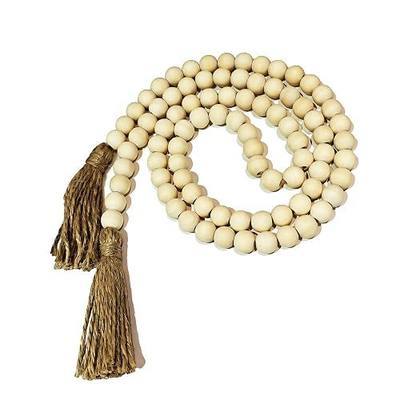 Farmhouse Wood Bead Garland with Tassels, 59in, White Washed | Bookshelf Decor, Tiered Tray Decor, Rustic Beads Centerpiece, Boho Table Decor