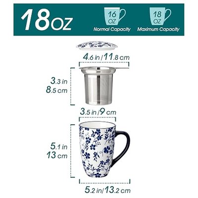 vancasso SELENE Porcelain Tea Mug, 18 oz Porcelain Tea Cup with Infuser and Lid Steeps Loose Leaf Tea, Microwave & Dishwasher Safe, Five-Leaf Clover